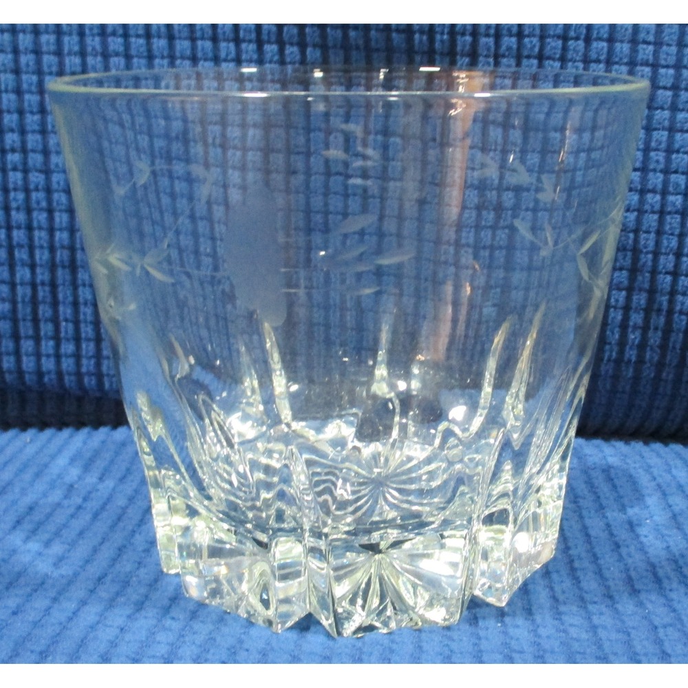 Vintage Etched Glass Ice Bucket Starburst Cut Base Floral Vine 6x6 Clear Bowl